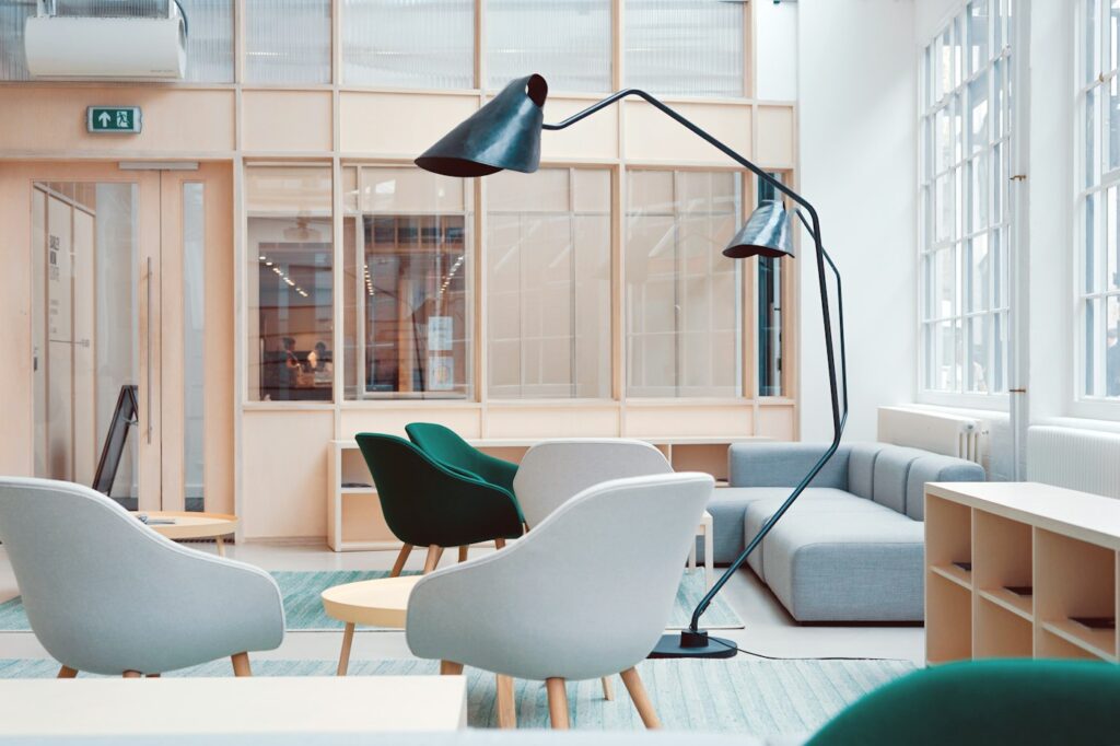 Modern executive office desk with task chair in a bright workspace